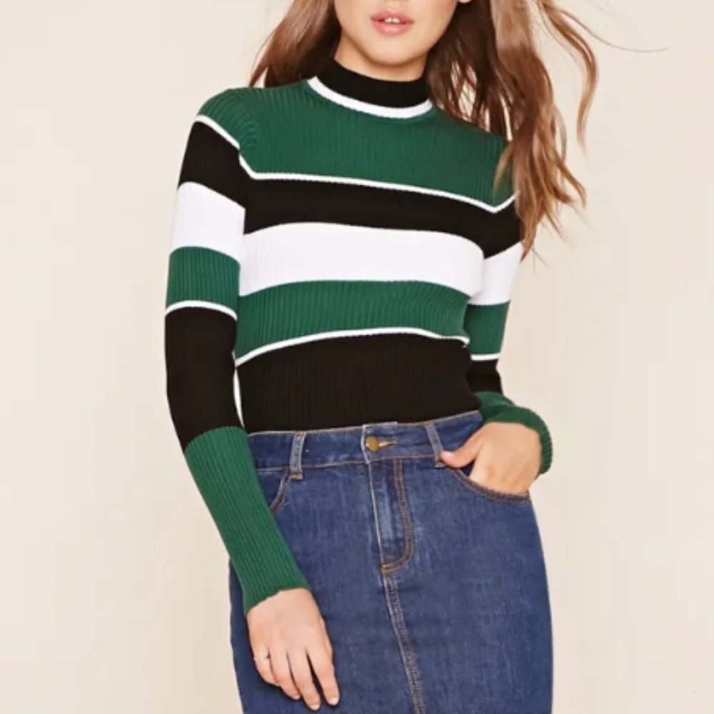 Green / Black / White Striped Long Sleeve Mock Neck Fitted Top Ribbed Material